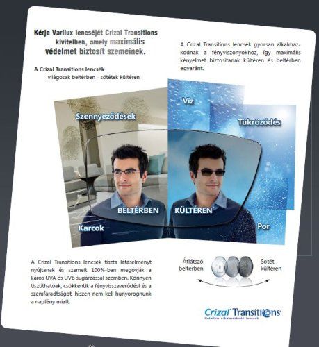 Transitions fényre sötétedő, alkalmazkodó szemüveglencse ESSILOR Crizal felületvédelemmel a STYLE OPTIKA üzletéből - 100% fényvédelem - 100% UV szemvédelem Transitions fényre sötétedő, alkalmazkodó szemüveglencse ESSILOR Crizal felületvédelemmel - 100% fényvédelem - 100% UV szemvédelem, optika, szemüveg, ár, árak, Optifog páramentes fényre sötétedő szemüveg lencse párásodás ellen